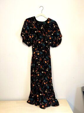 A New Day Black Botanical Floral Puff Sleeve Midi Dress M